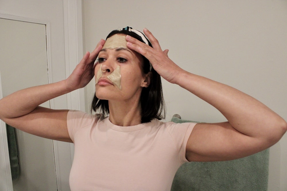 This is a picture of the author, Rubina, wearing homemade anti-wrinkle face patches.